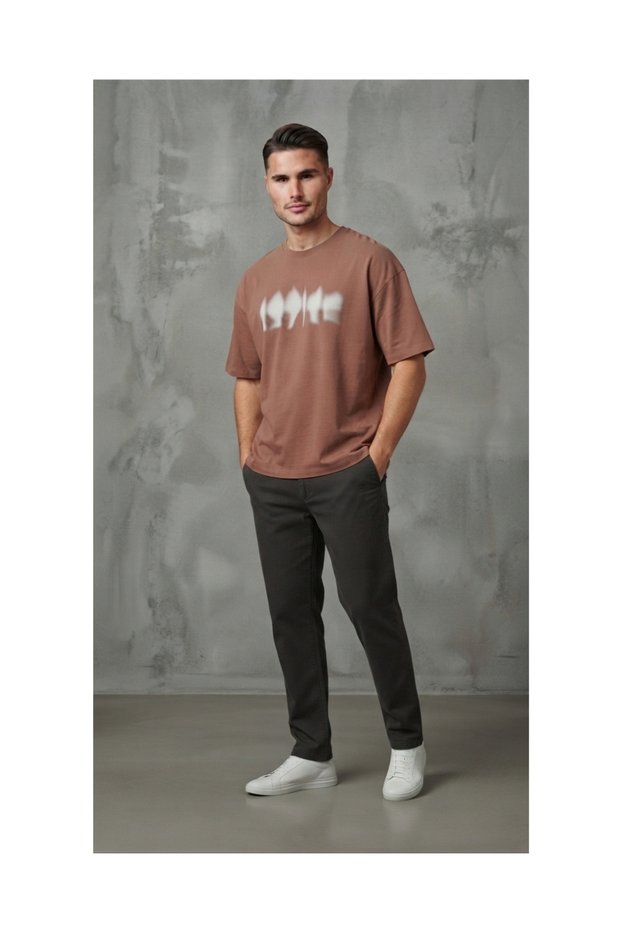 Oversize Crew Neck Brown Printed Men's T-Shirt