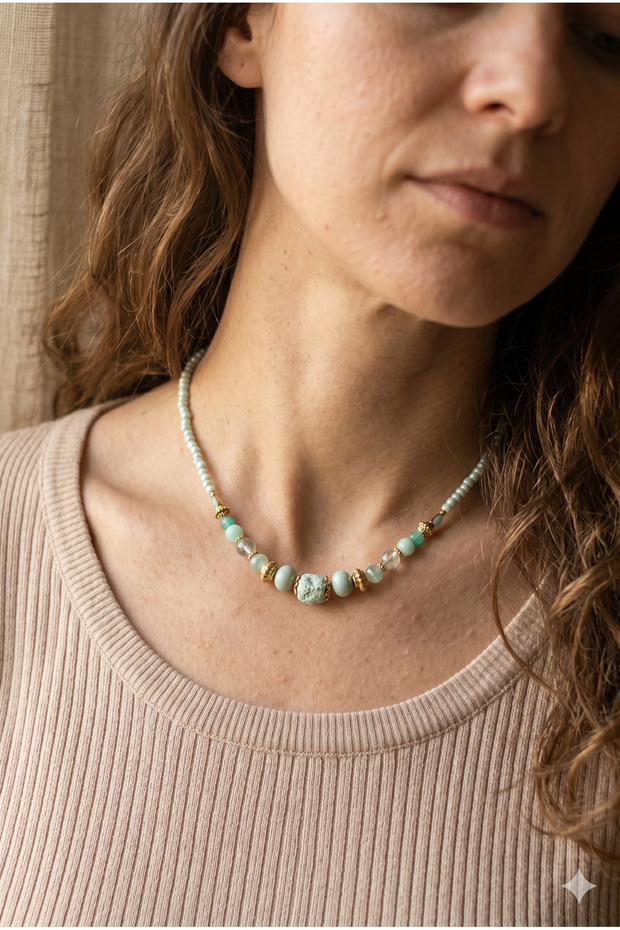 Handmade Green Color Glass Bead Detailed Special Design Necklace