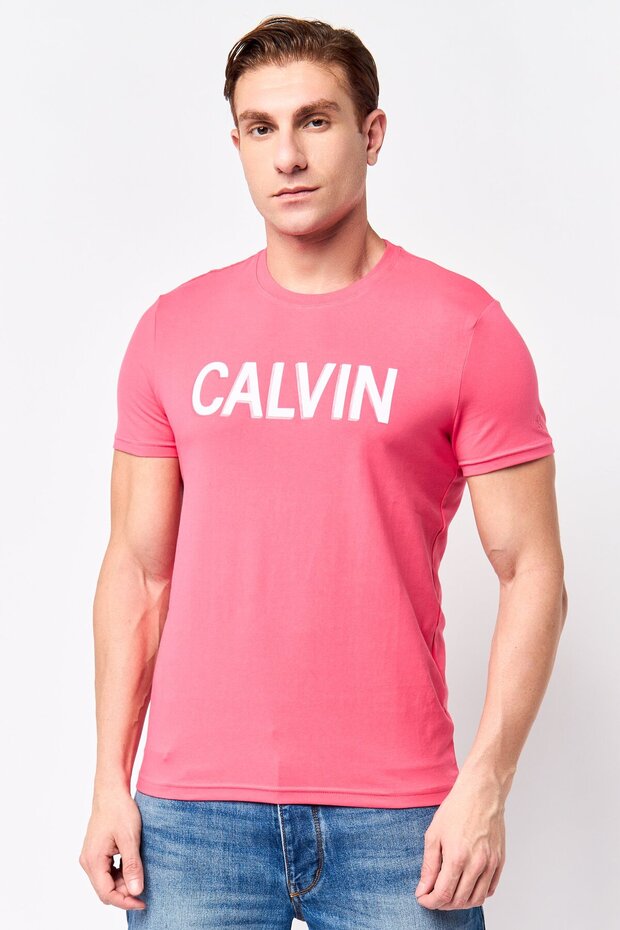 Calvin Jeans Men Crew Neck Short Sleeve Brand Logo T-Shirt, Pink
