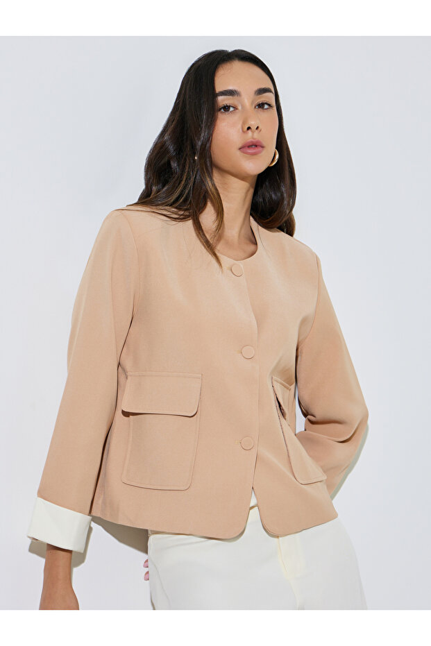 Beige Button-Front Blazer With Flap Pocket