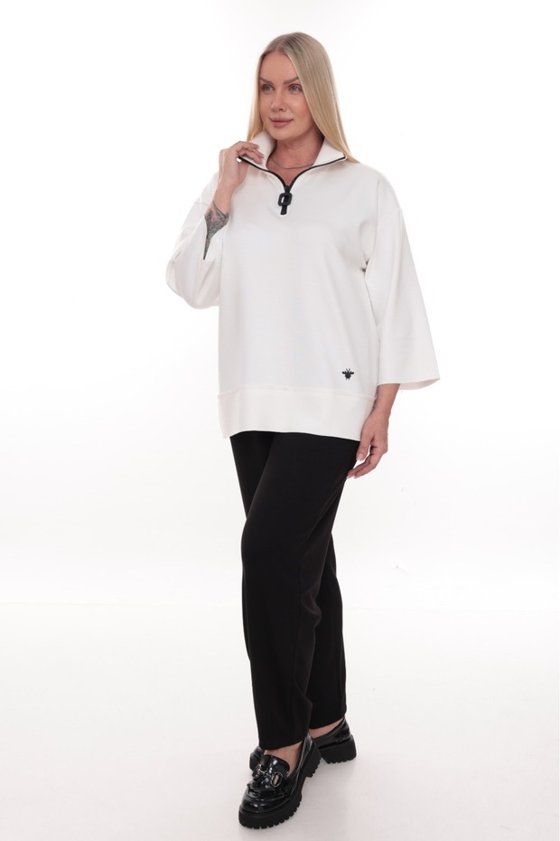 Women's Half Zipper Camisole Collar Detailed Three Quarter Sleeve Modal Fabric Plus Size Tracksuit Set