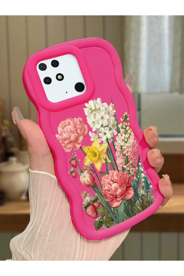 Redmi 10C Compatible Case Camera Protector Red Silicone Couple Phone Case Floral Pattern