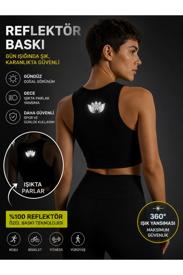 Women's Black Reflective Printed Lotus Flower Pattern Crop Sports Tank Top – High Fitness, Yoga, and Everyday Use