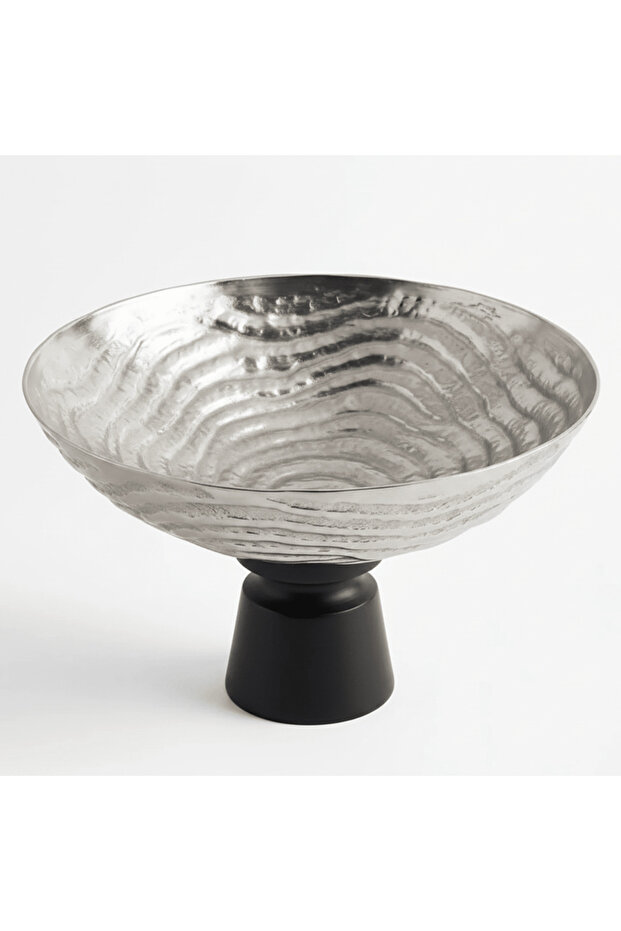 Luhpar Wave Textured Aluminium Round Bowl with Black Wooden Base - 18×20 cm - 74901-A