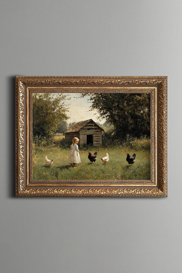 Little Girl Feeding Chickens - Vintage Patterned Painting - Thick Model