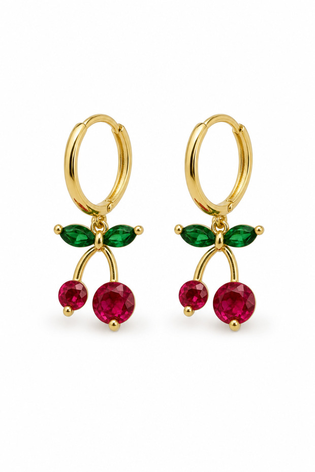 Yellow Color Cherry Figured Red and Green Stone Hoop Earrings