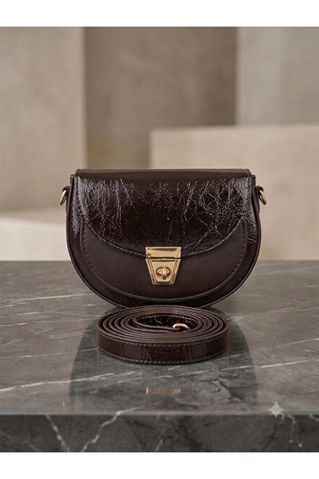 Gold Lockable Half Moon Shoulder Bag Brown