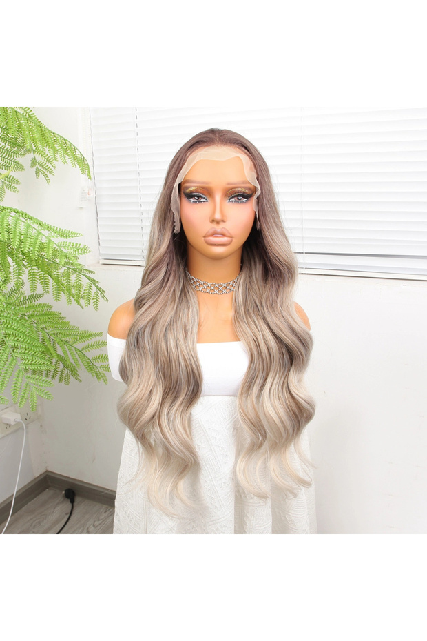 Russian Auburn White Platinum Ombre and Highlighted Fiber Sen Wide Wave Tulle Wig