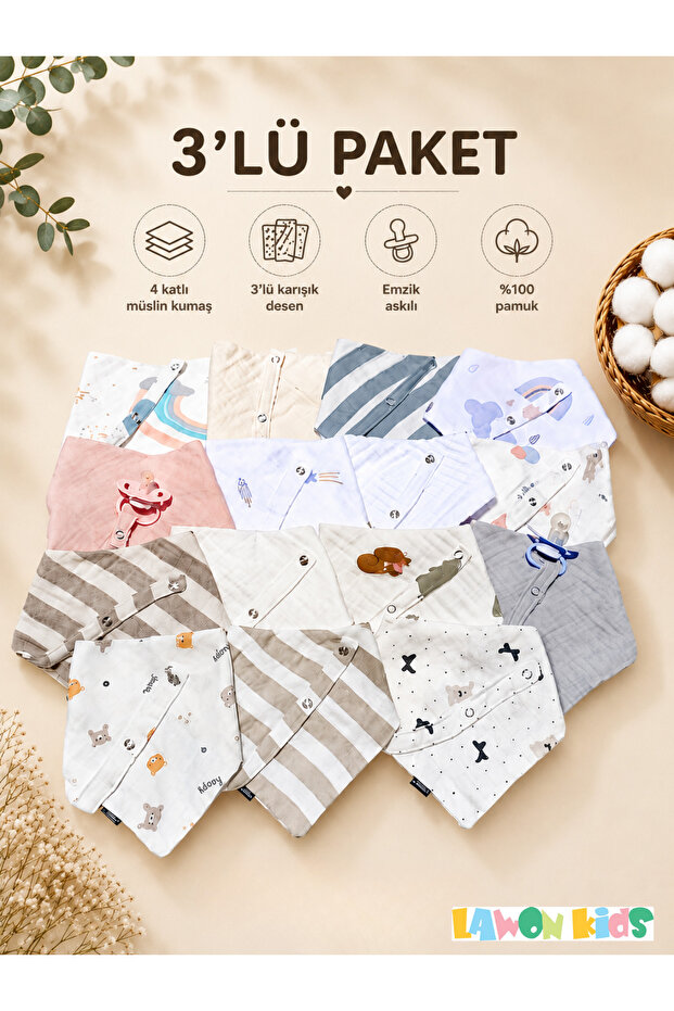 3-Piece Mixed Girl Pattern 100% Cotton 4-Layer Muslin Fabric Baby Bib with Pacifier Strap and Snap Fasteners, Drool Bib