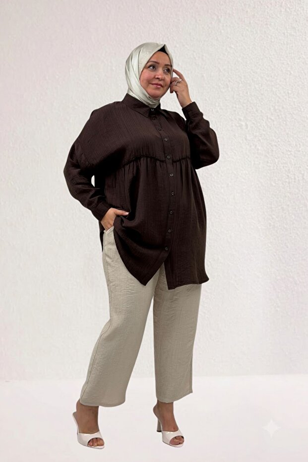 68069 Plus Size Double Tensel Tunic with Drawstring Detail - Brown