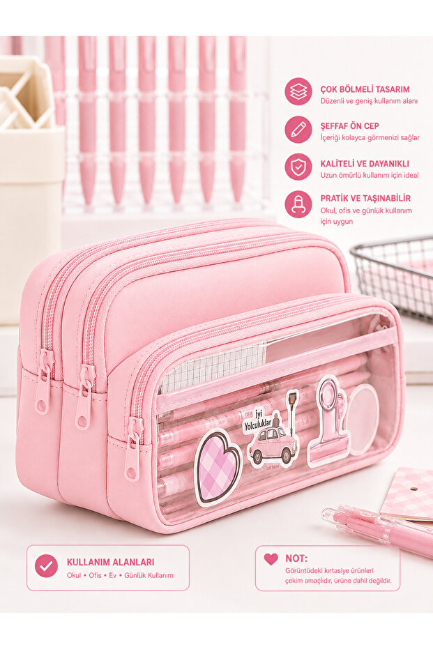 Eslite 3 Compartments Large Capacity Transparent Window Soft Pink Pen Holder Pencil Case