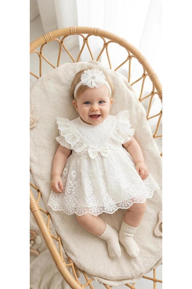 Baby Girl Mevlütlük Dress with Bandana and Lace Newborn Hospital Release Wedding Dress Evening Dress Mevlitlik 4027-K