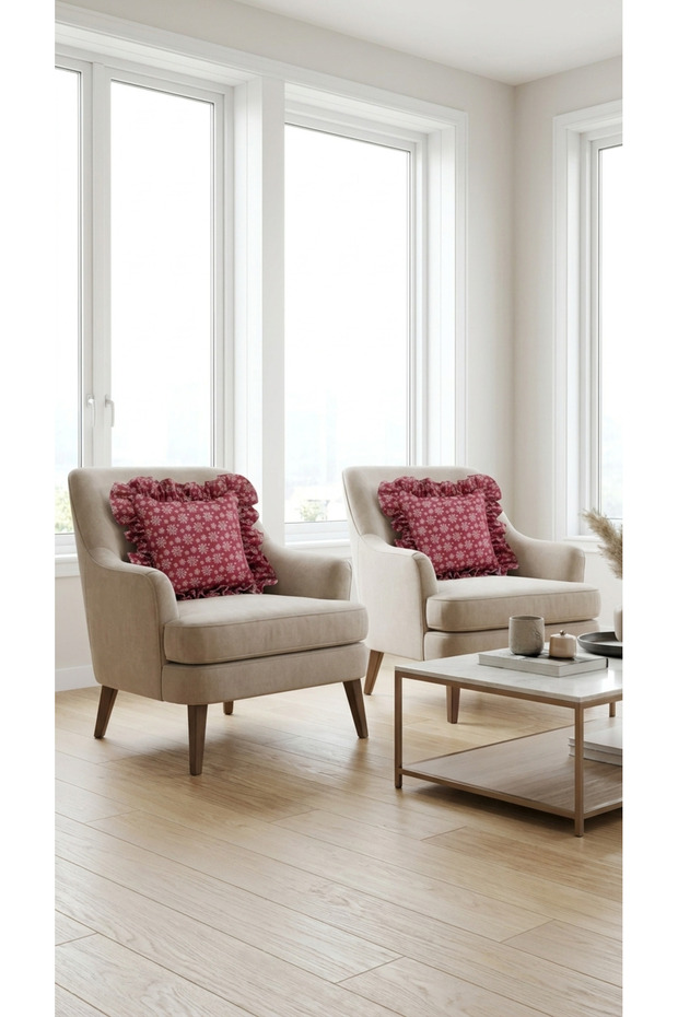 2 Pieces 100% Cotton Glittery Burgundy Snowflake Patterned Ruffle Throw Pillow Cover 40X40