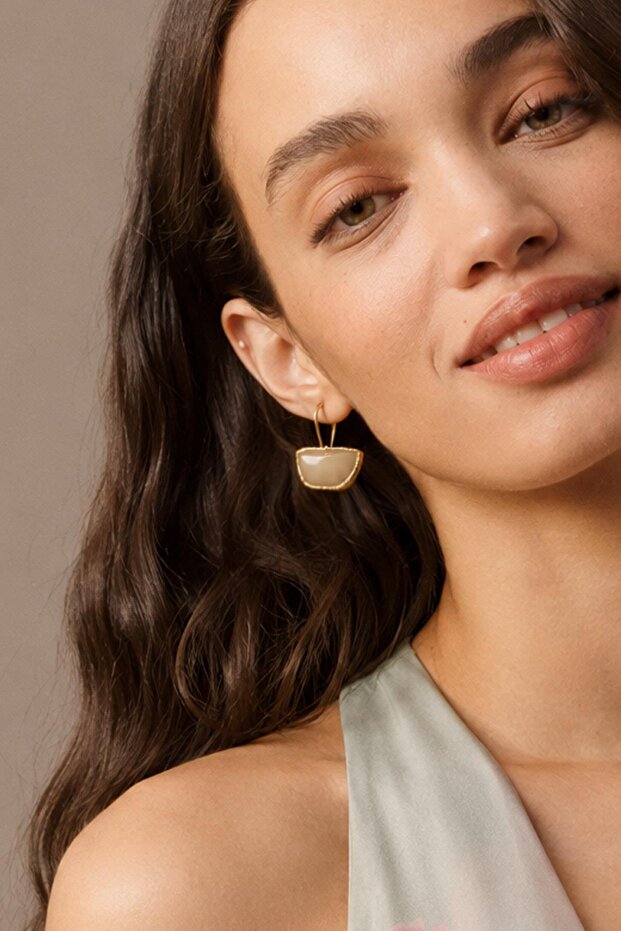 Artisan Beige Cat's Eye Glass Semi-Hoop Dangle Earrings