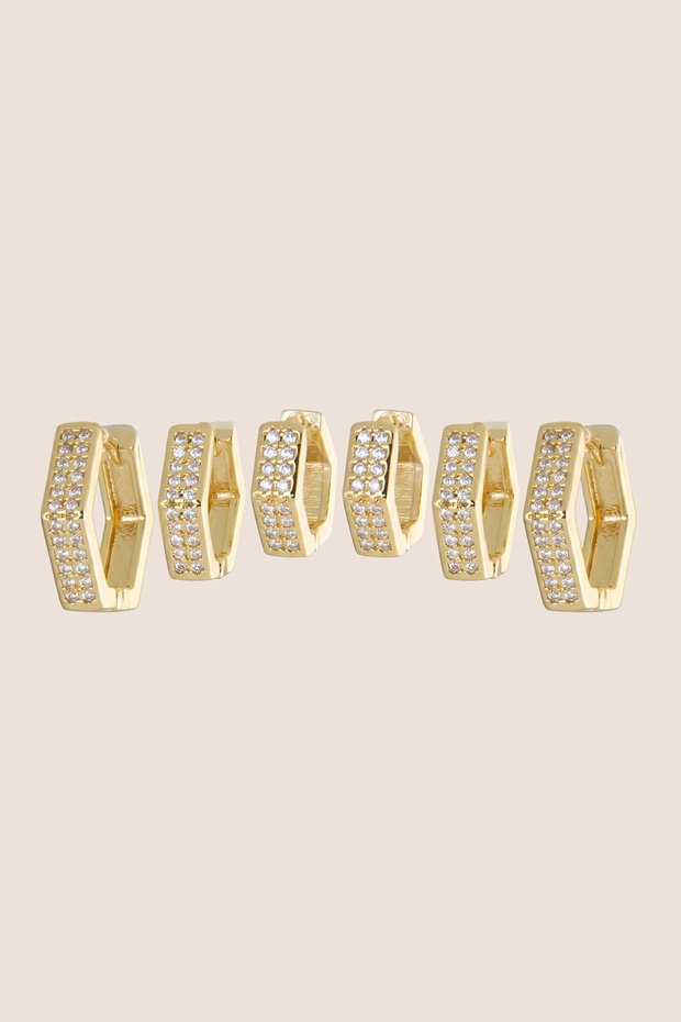 Gold Color Zircon Stone Hexagonal 6-Piece Hoop Earring Set
