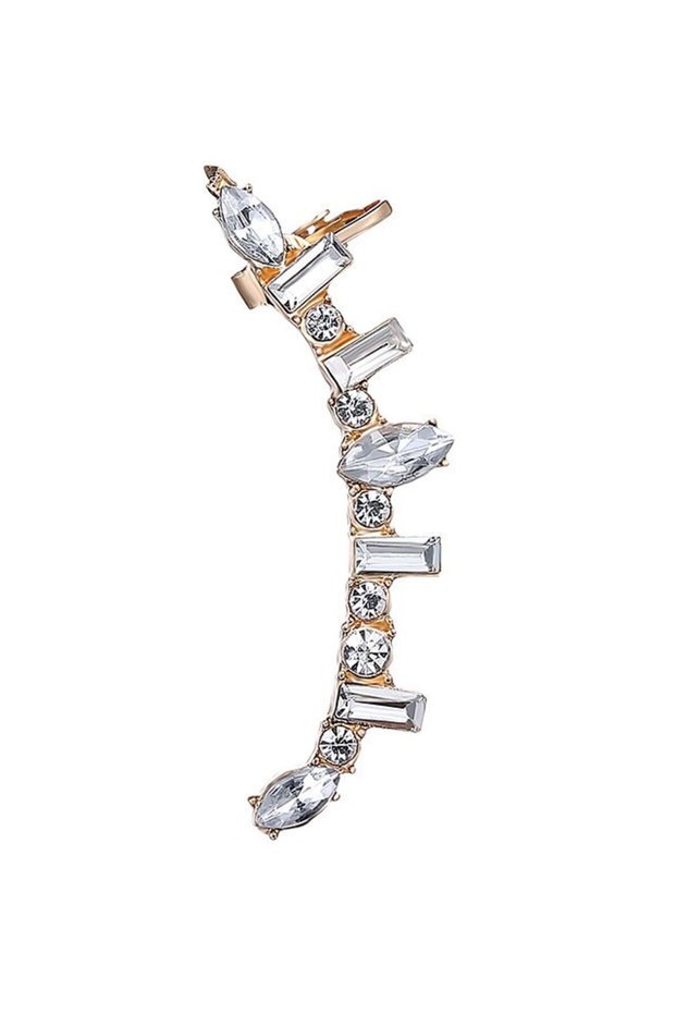Elegant ear cuff earring, round, pointed and rectangular white crystals