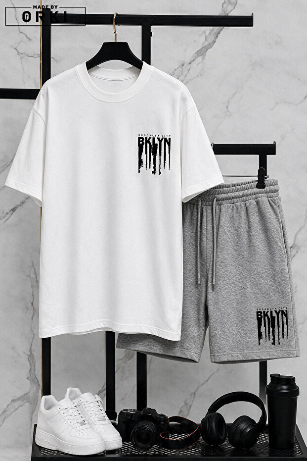 Bklyn Printed Cotton Fabric Unisex T-Shirt-Grey Shorts Set