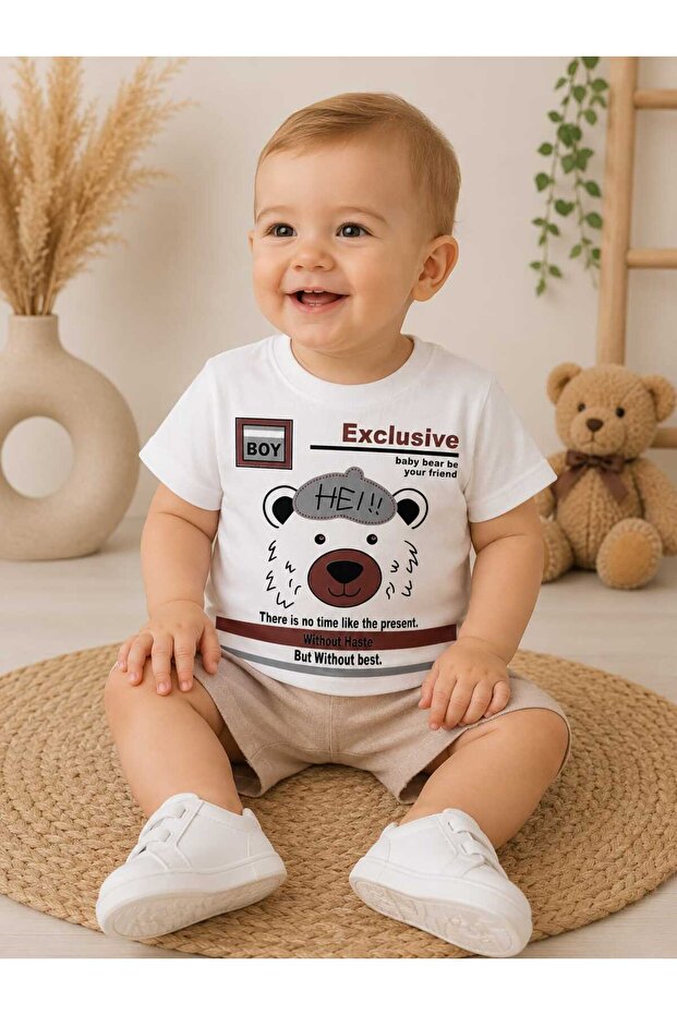 طقم صيفي من القطن المطبوع من Erkek Bebek Exclusive Bear للصبيان الصغار
