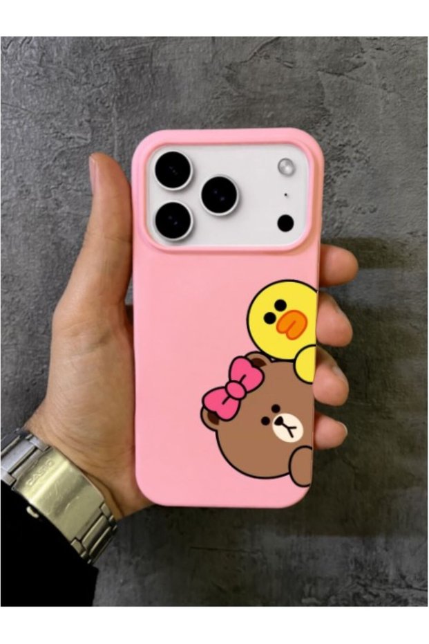 iPhone 17 Pro Max Compatible Pink Case with Bowknot Bear and Yellow Duck Character Illustration
