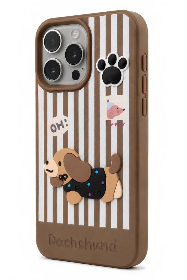 iPhone 14 Pro Max Compatible 3D Dachshund Dog Figured Striped Silicone Phone Case