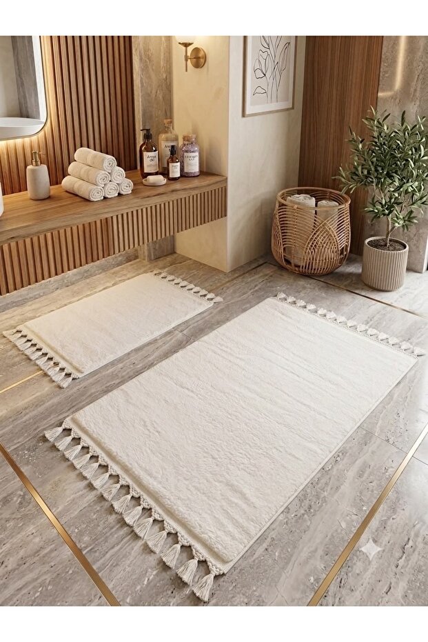 2-Piece Tasseled Bath Mat Set 60X110/60X50 Non-Slip Soft Plush
