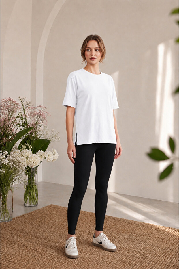 White Crew Neck Basic Women's T-Shirt 100% Cotton Side Slits Short Sleeve Casual Comfortable Cut