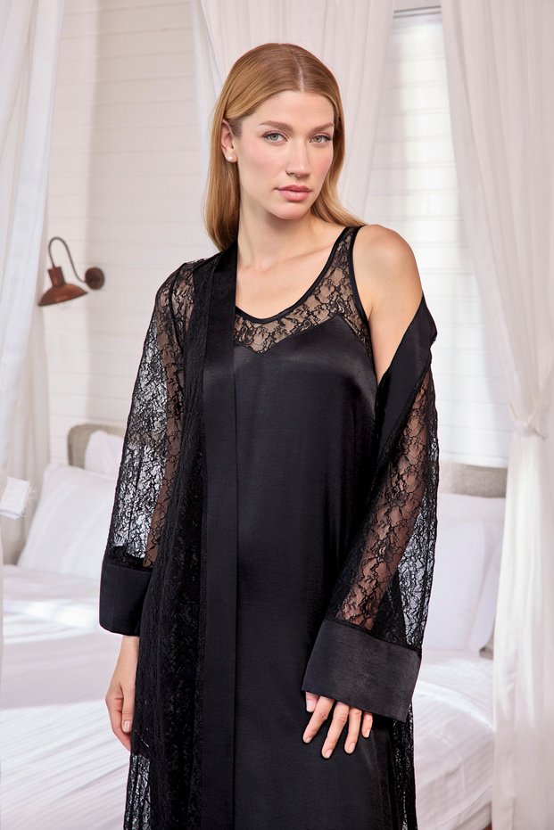 Black Satin Nightgown Robe Set, Women's Complete Lace Long Robe Set, V-Neck Guipure Dowry House Dress, 2-Piece Luxury Black Sleepwear