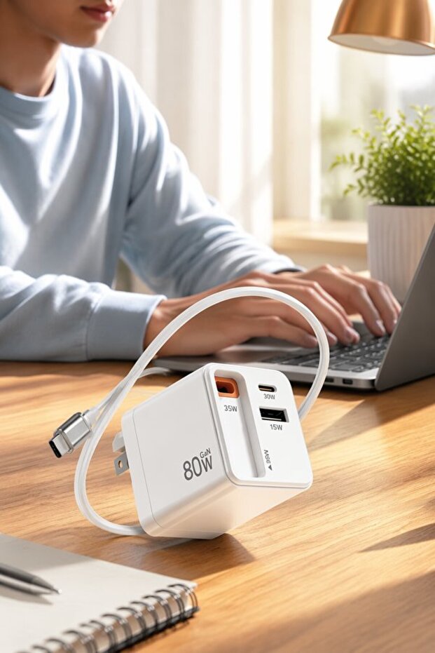 شاحن سريع Gan بقوة 80 واط مع 3 منافذ USB-C PD، محول سفر قابل للطي مع كابل قابل للسحب