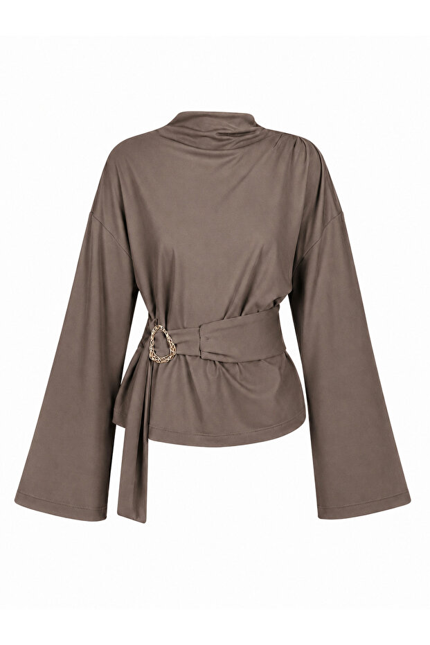 Women's Half Turtleneck Draped Belt Buckle Spanish Sleeve Blouse 224