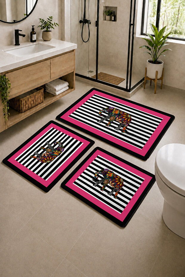 Non-Slip Base, Washable 3-Piece Plain Elephant Pattern Bath Mat and Toilet Set – Modern Bathroom Rug