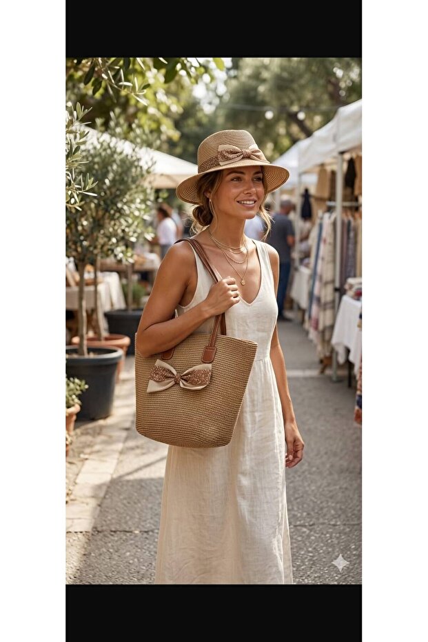 Women's Straw Beach Bag and Hat Set