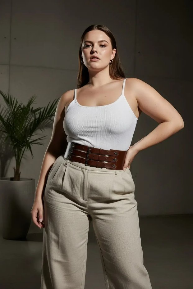 Plus Size Brown Women's Belt with Wide Waist Corset Detail