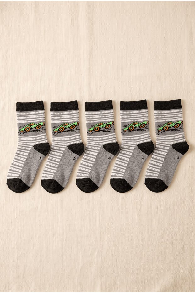 Boy's Gray 3-4 Years Old Striped Socks Set with Car Figures, 5-Piece