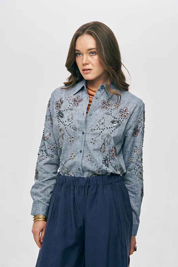 Anthracite Embroidered Floral Patterned Linen Cotton Tunic Shirt
