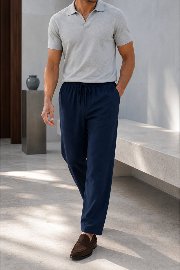 Men's Linen-Look Comfortable Cut Trousers with Elastic Waist and Laces - Navy Blue