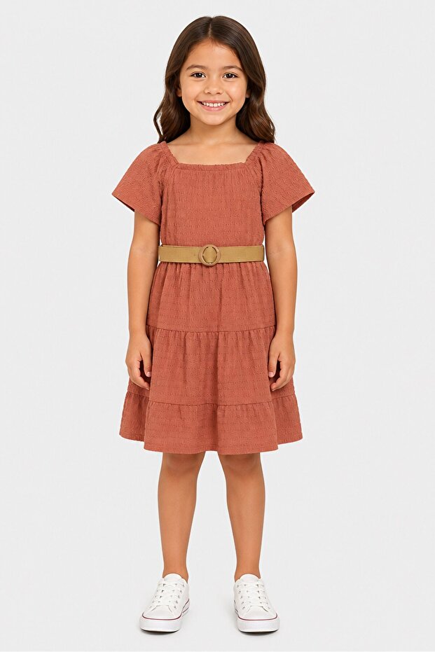 Kids Girl Textured Short Sleeve Dress, Rust Brown