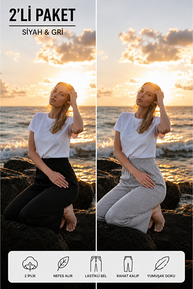 2Pcs Women's Aura Series Tracksuit Bottom Double Pack Comfortable Fit Pocketed Sports Bottom Two Yarns Polyviscon