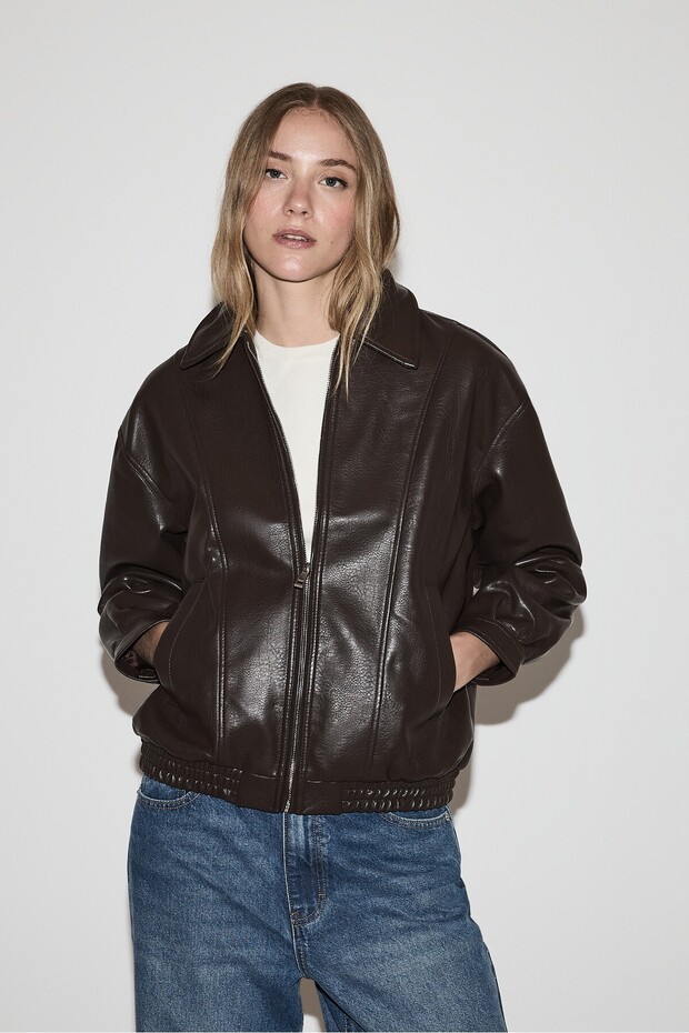 Suni deri oversize bomber ceket