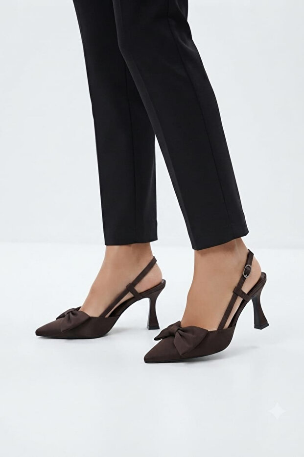 Frank Women's Bow Tie Brown Open Back Pointed Toe 7 cm Classic Heeled Shoes Mhr5218