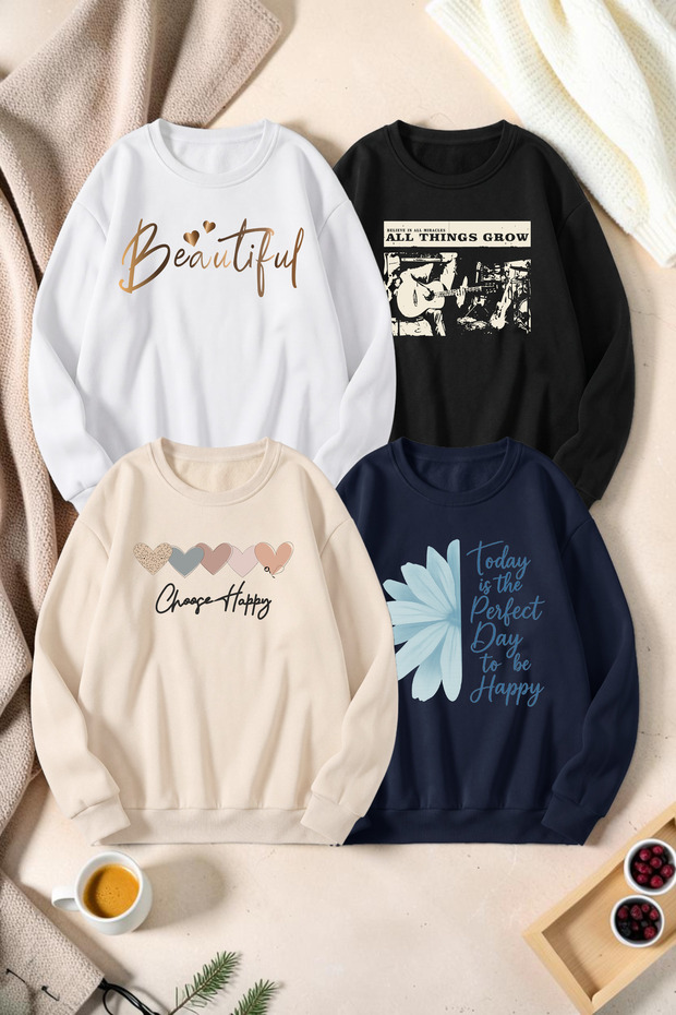 Unisex Mixed Printed Crew Neck Sweatshirt Set – Pack of 4
