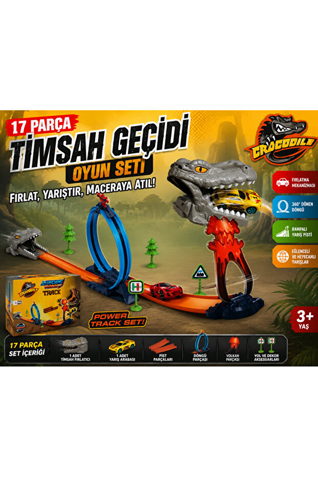 Crocodile Crossing Play Set 17 Piece Ramp Car Racing Track Play Set with Launching Mechanism