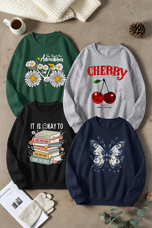Unisex Mixed Printed Crew Neck Sweatshirt Set – Pack of 4