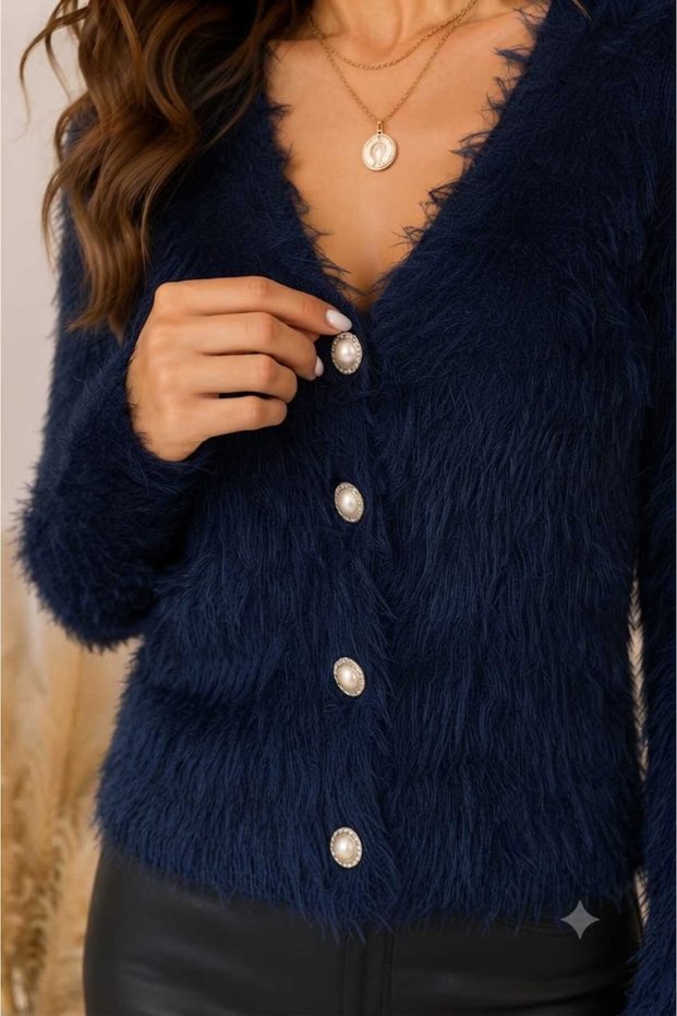Women's V-Neck Soft Textured Knitwear Cardigan Gold Buttoned Soft Textured Long Sleeve Stylish Casual Cardigan