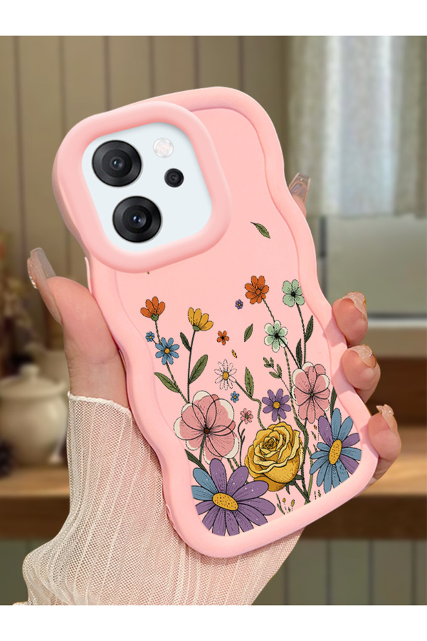 Oppo Reno 14F Compatible Case Camera Protector Pink Silicone Couple Phone Case Floral Pattern
