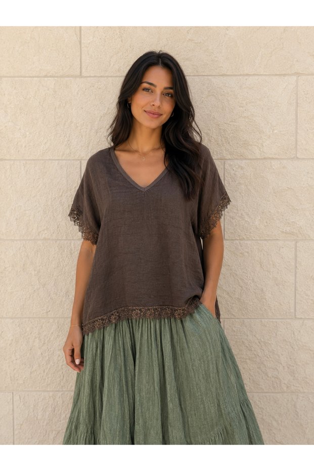 Women's Original Italian V-Neck Linen Fabric Short Sleeve Blouse