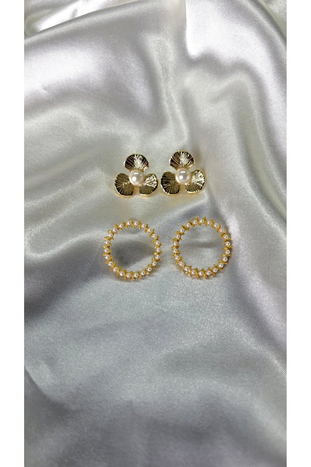 Women's gold color 2-piece pearl flower and hoop earring set