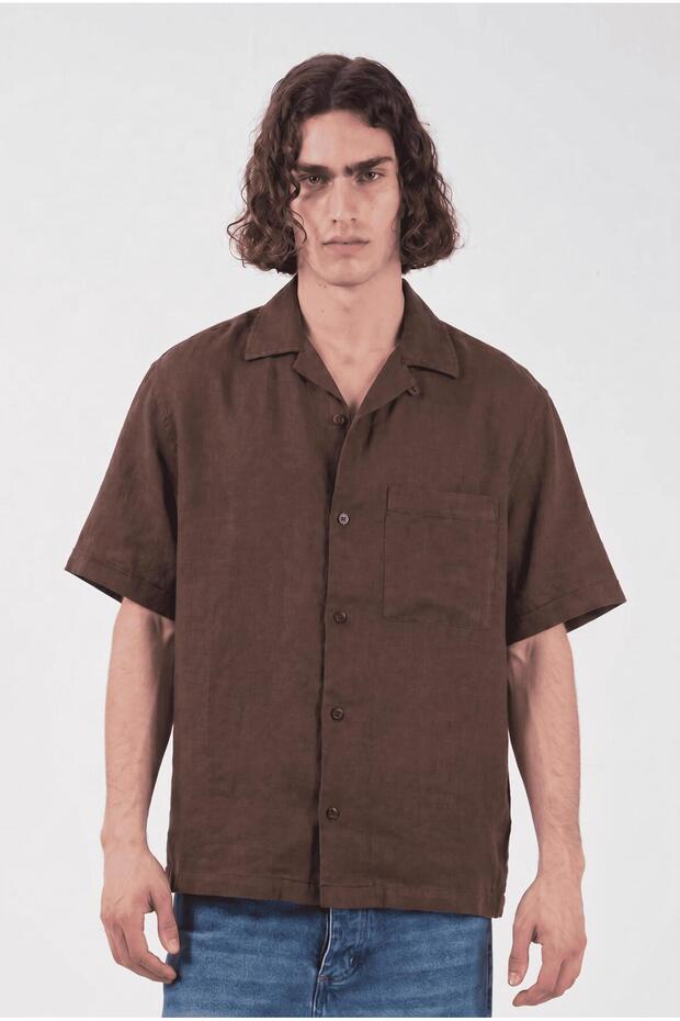 Pocketed Short Sleeve Brown Linen Shirt