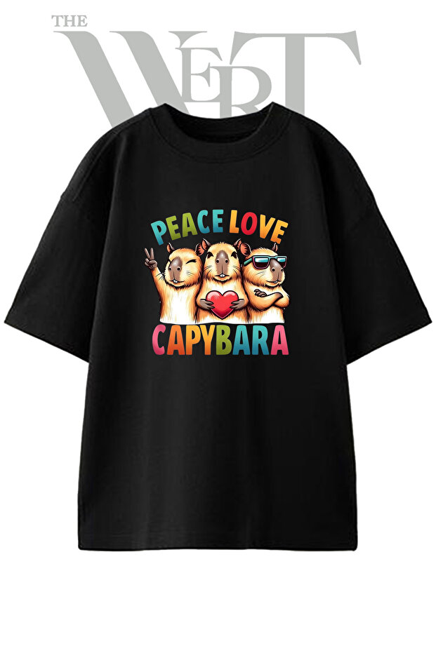 Peace Love Capybara Design Printed Unisex Black Oversize T-Shirt