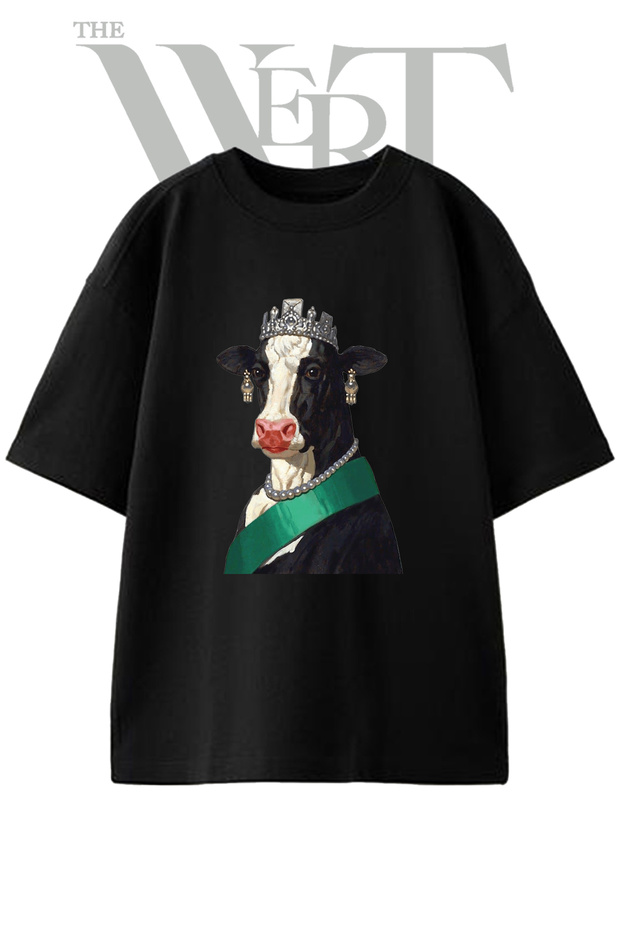 Queen Cow Design Printed Unisex Black Oversize T-Shirt