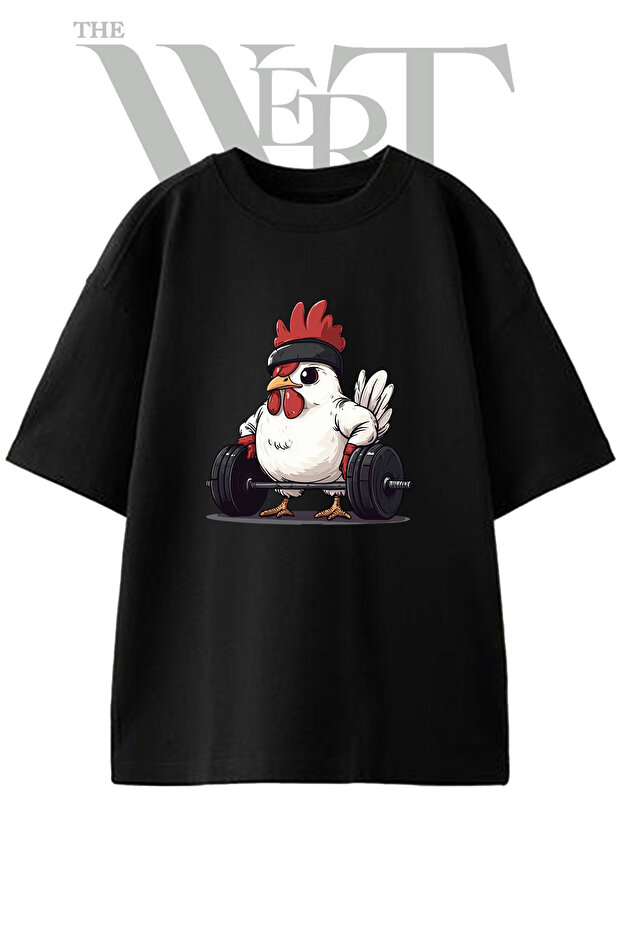 Weightlifter Chicken Design Printed Unisex Black Oversize T-Shirt